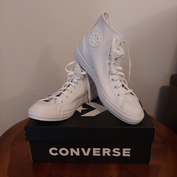 NIB Converse All Leather White Monochrome High Top Shoes Sz 11.5 Woman 9.5 Men - Picture 1 of 8